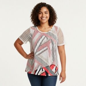 Marie Claire White Mesh Top with Pink and Blue Accents